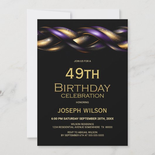 Invitation Black Purple Gold N'importe quel âge fête d'annive (Devant)