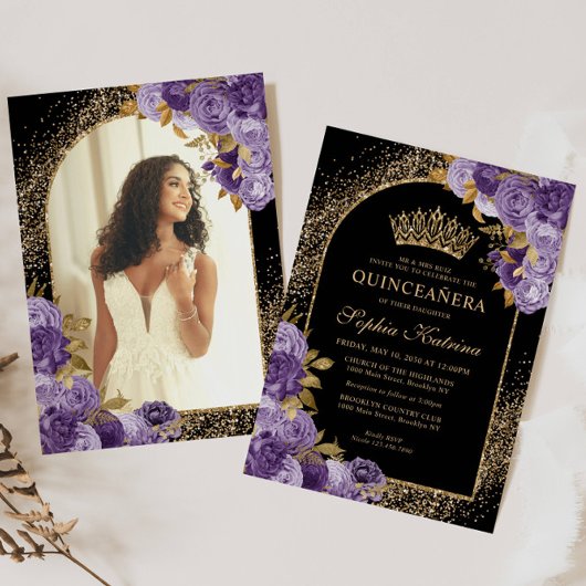 Invitation Black Purple Gold Parties scintillant Florale Phot