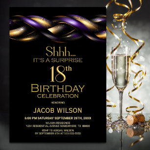 Invitation Black Purple Gold Surprise 18ème anniversaire