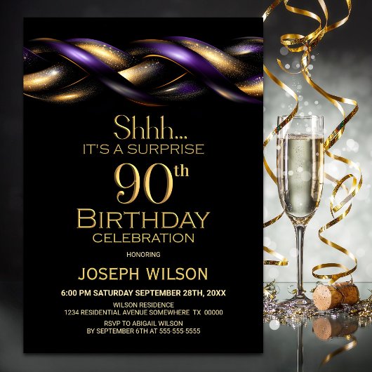 Invitation Black Purple Gold Surprise 90e anniversaire