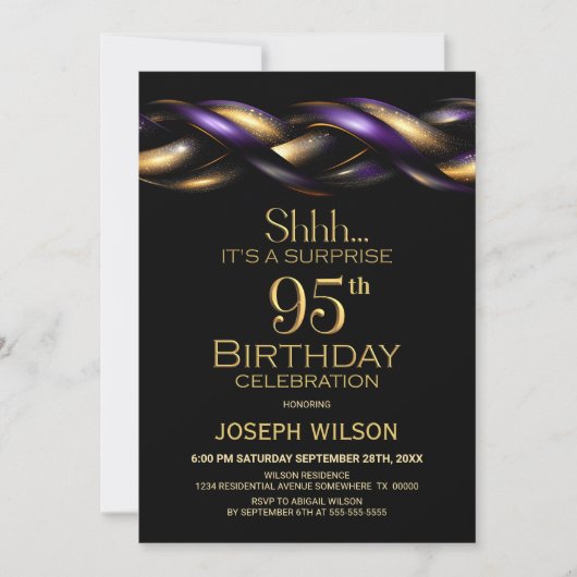 Invitation Black Purple Gold Surprise 95e anniversaire (Devant)