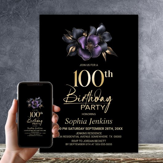 Invitation Black Purple Grey Floral 100e fête d'anniversaire