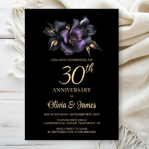 Invitation Black Purple Grey Floral 30e Anniversaire