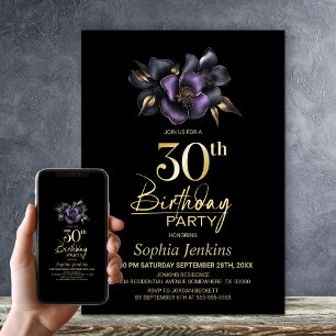Invitation Black Purple Grey Floral 30e anniversaire fête