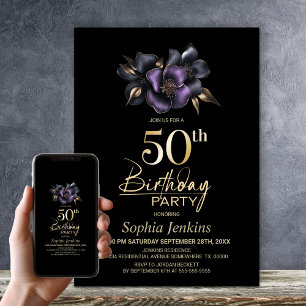 Invitation Black Purple Grey Floral 50e fête d'anniversaire