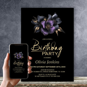 Invitation Black Purple Grey Floral N'importe quel âge fête d
