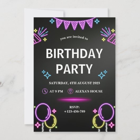 Invitation Black Purple Neon moderne Anniversaire Fête Invita (Devant)