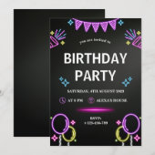 Invitation Black Purple Neon moderne Anniversaire Fête Invita (Devant / Derrière)