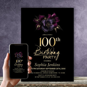 Invitation Black Purple Rose Floral 100e fête d'anniversaire