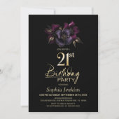 Invitation Black Purple Rose Floral 21ème anniversaire (Devant)