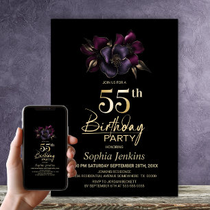 Invitation Black Purple Rose Floral 55e fête d'anniversaire