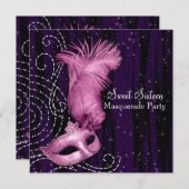 Invitation Black Purple Rose Sweet 16 Masquerade Party (Devant / Derrière)