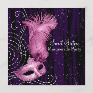 Invitation Black Purple Rose Sweet 16 Masquerade Party