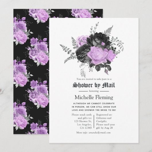 Invitation Black Purple & Silver Floral Fête des mariées par  (Devant / Derrière)