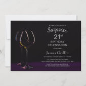 Invitation Black Purple Surprise 21e Anniversaire Verre à vin (Devant)