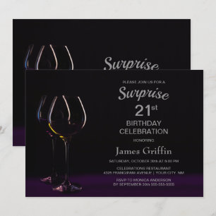 Invitation Black Purple Surprise 21e Anniversaire Verre à vin