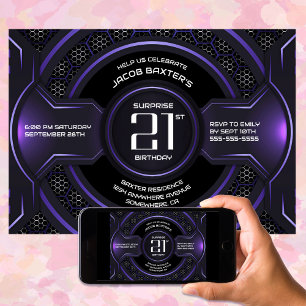 Invitation Black Purple Surprise 21e fête d'anniversaire