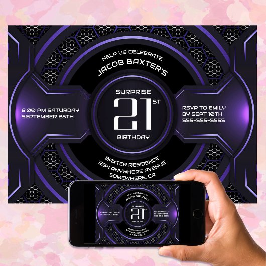 Invitation Black Purple Surprise 21e fête d'anniversaire