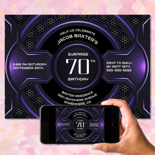 Invitation Black Purple Surprise 70e anniversaire