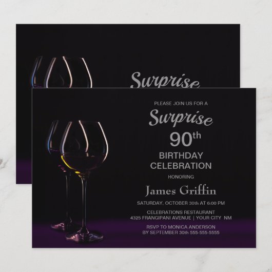 Invitation Black Purple Surprise 90e Anniversaire Verre à vin (Devant / Derrière)