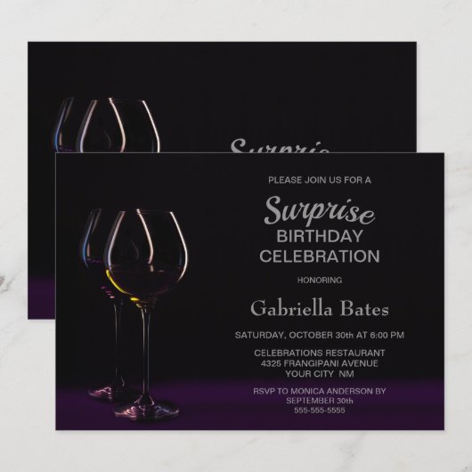Invitation Black Purple Surprise Anniversaire Vin Glass Party (Devant / Derrière)