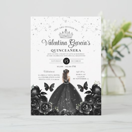 Invitation Black Quinceañera 15 Anos Fleurs Parties scintilla (Debout devant)