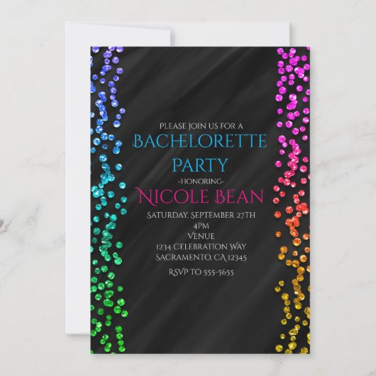 Invitation Black Rainbow Sparkle Parties scintillant Confetti (Devant)