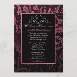 Invitation Black & Raspberry Damask 12e anniversaire de Maria