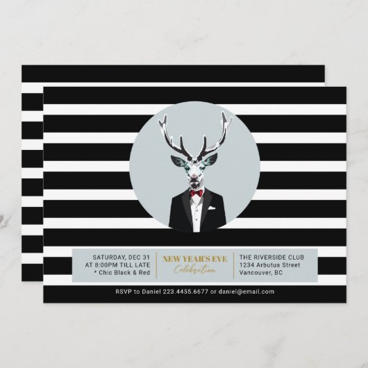 Invitation Black & Red 2021 Deer New Year's Eve Holiday Party (Devant / Derrière)