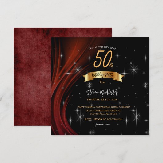 Invitation Black & Red 50th Birthday Party Gold Police (Devant / Derrière)