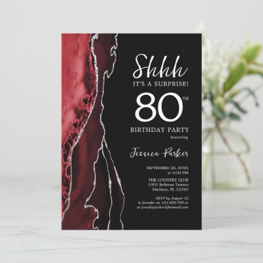 Invitation Black Red Agate Surprise 80e anniversaire (Debout devant)