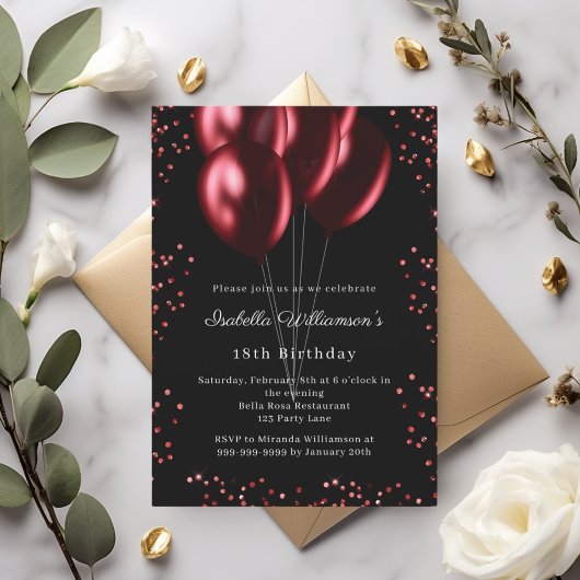 Invitation Black red balloons birthday 