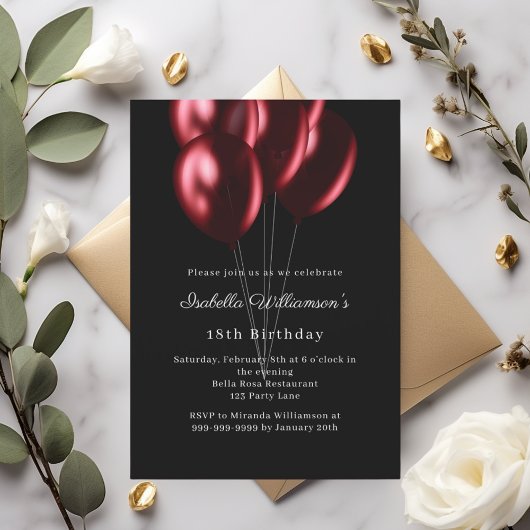 Invitation Black red balloons birthday