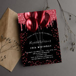 Invitation Black red balloons birthday party<br><div class="desc">For an elegant 18th (or any age) birthday.  A stylish black background. Decorated with red faux glitter and balloons.  Personalize and add a name,  age and party details. The name is written with a hand lettered style script</div>