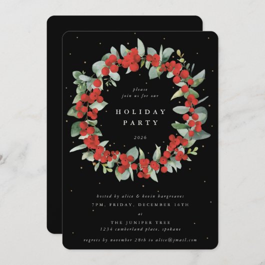 Invitation Black Red Berries+Eucalyptus Wreath (Devant / Derrière)