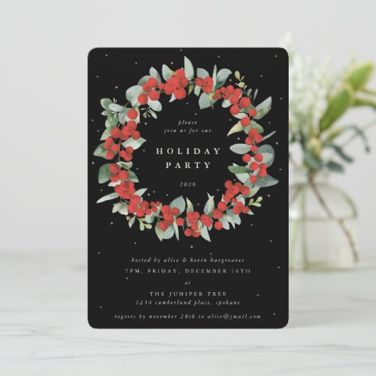Invitation Black Red Berries+Eucalyptus Wreath (Debout devant)