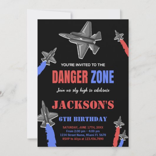 Invitation Black Red Blue Grey Fighter Jet Anniversaire (Devant)