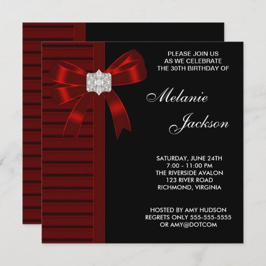 Invitation Black Red Bow Womans 30e fête d'anniversaire (Devant / Derrière)
