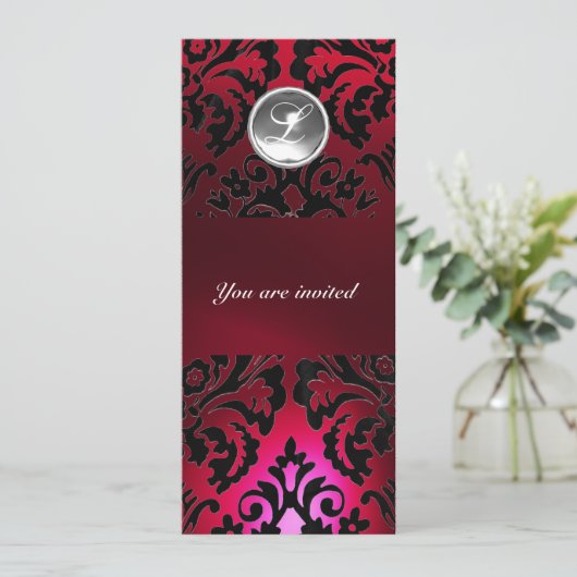 Invitation BLACK & RED DAMASK GEM STONE MONOGRAM bordeaux (Debout devant)