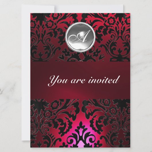 Invitation BLACK & RED DAMASK GEM STONE MONOGRAM bordeaux (Devant)