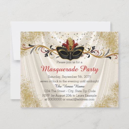 Invitation Black Red et Gold Masquerade Party (Dos)
