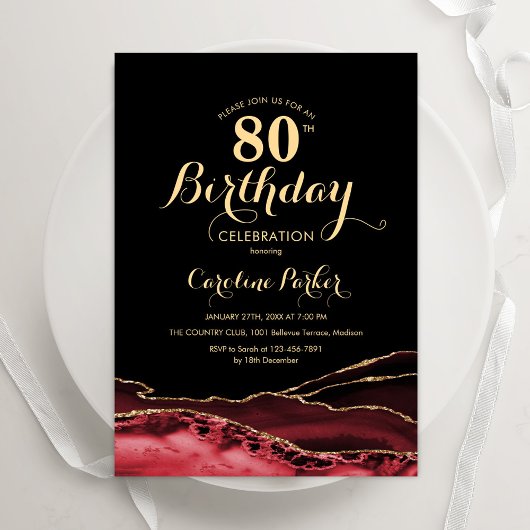 Invitation Black Red Gold Agate 80e anniversaire