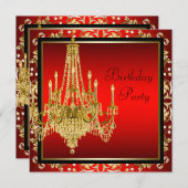 Invitation Black Red Gold Chandelier fête d'anniversaire (Devant / Derrière)