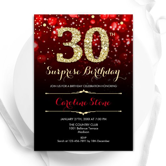 Invitation Black Red Gold Surprise 30e anniversaire