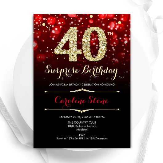 Invitation Black Red Gold Surprise 40e anniversaire