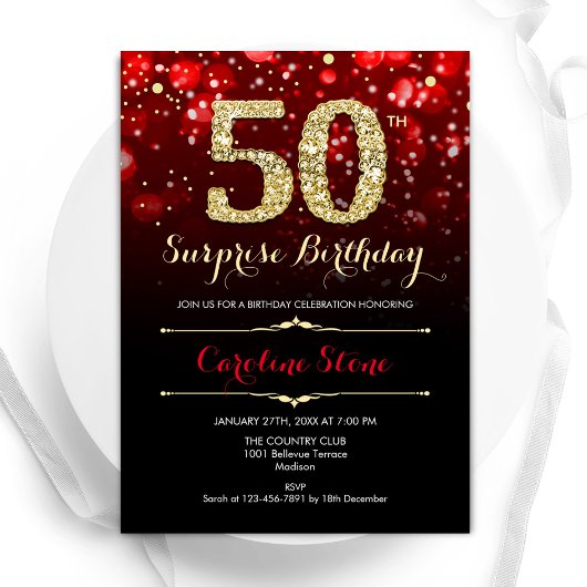 Invitation Black Red Gold Surprise 50e anniversaire