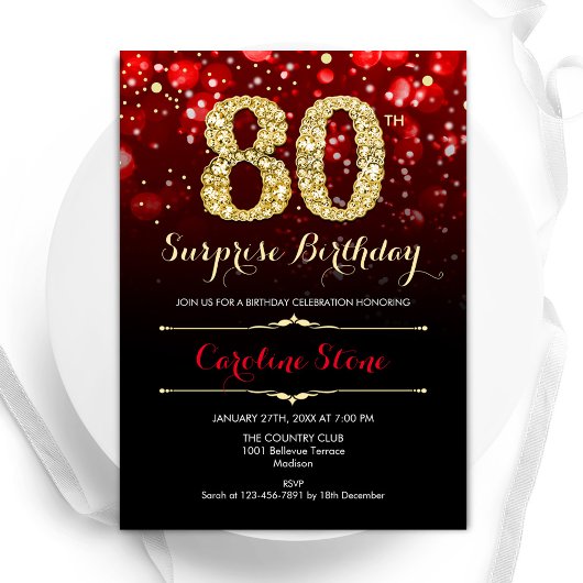 Invitation Black Red Gold Surprise 80e anniversaire