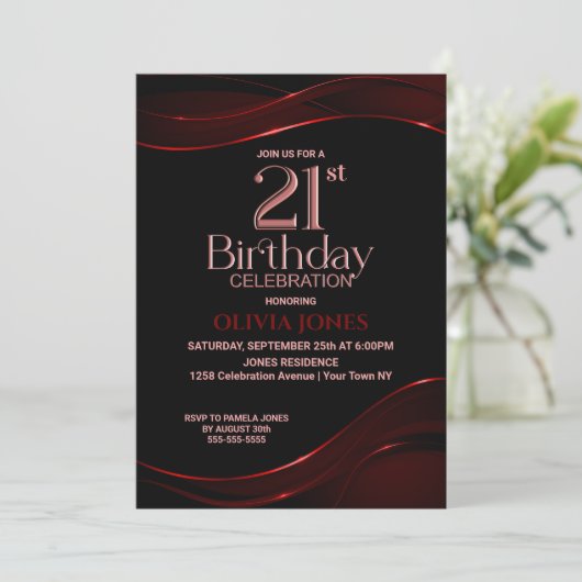 Invitation Black Red moderne 21e fête d'anniversaire (Debout devant)