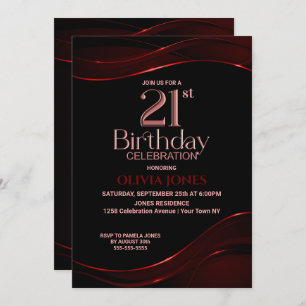 Invitation Black Red moderne 21e fête d'anniversaire