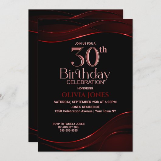 Invitation Black Red moderne 30th Birthday Party (Devant / Derrière)